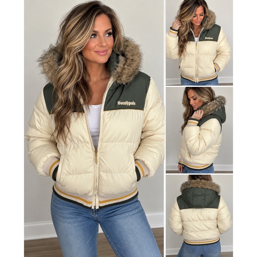 Southpole Womens L Y2K Puffer Jacket Faux Fur Hood Cream Olive Green 2000s